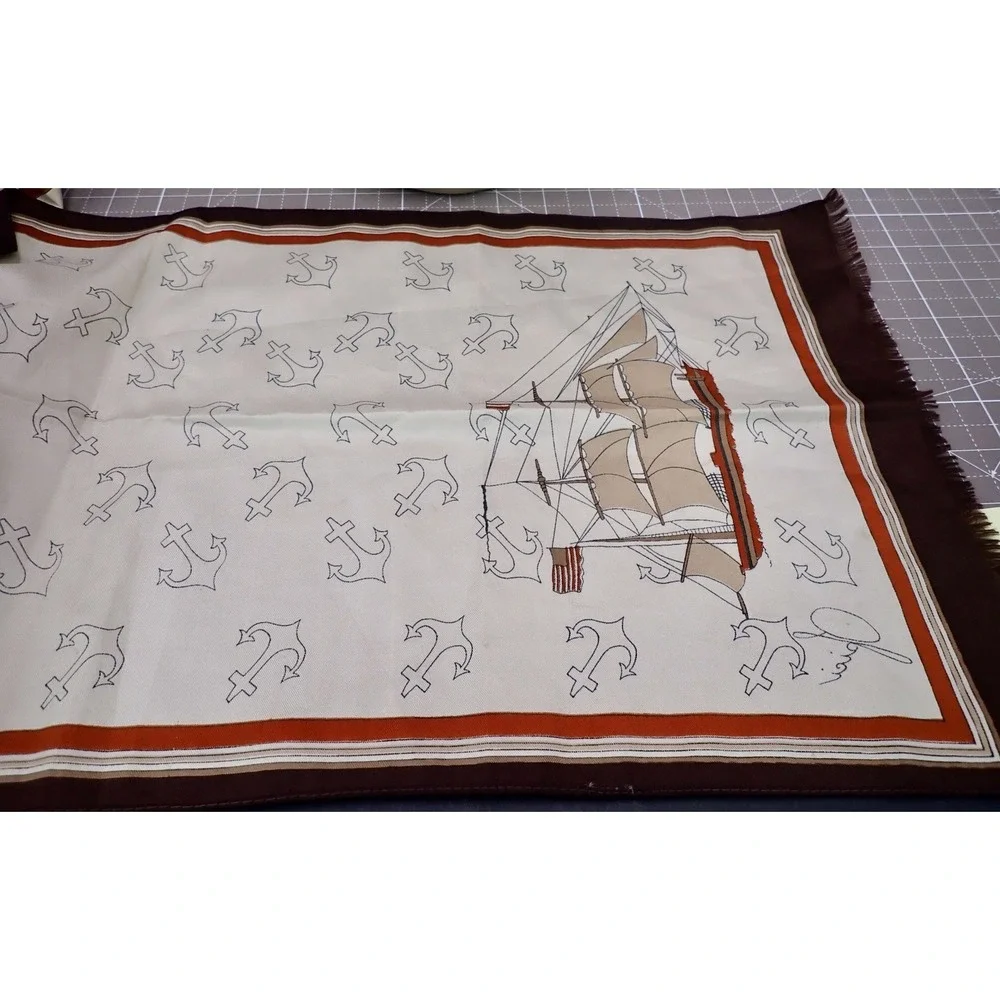 Vintage Scarf Anchors Ships Tan and Rust Colored signed 52